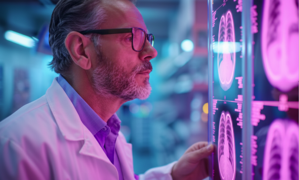 Profesional médico interactuando con tecnología avanzada.